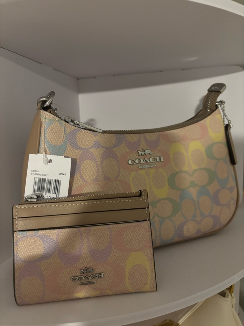 COACH Rainbow Teri Signature Canvas Hobo Bag with Card Case - Multi Pastel